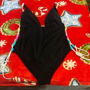 No Boundaries Black One Piece Swimsuit with Colorful Side Accents